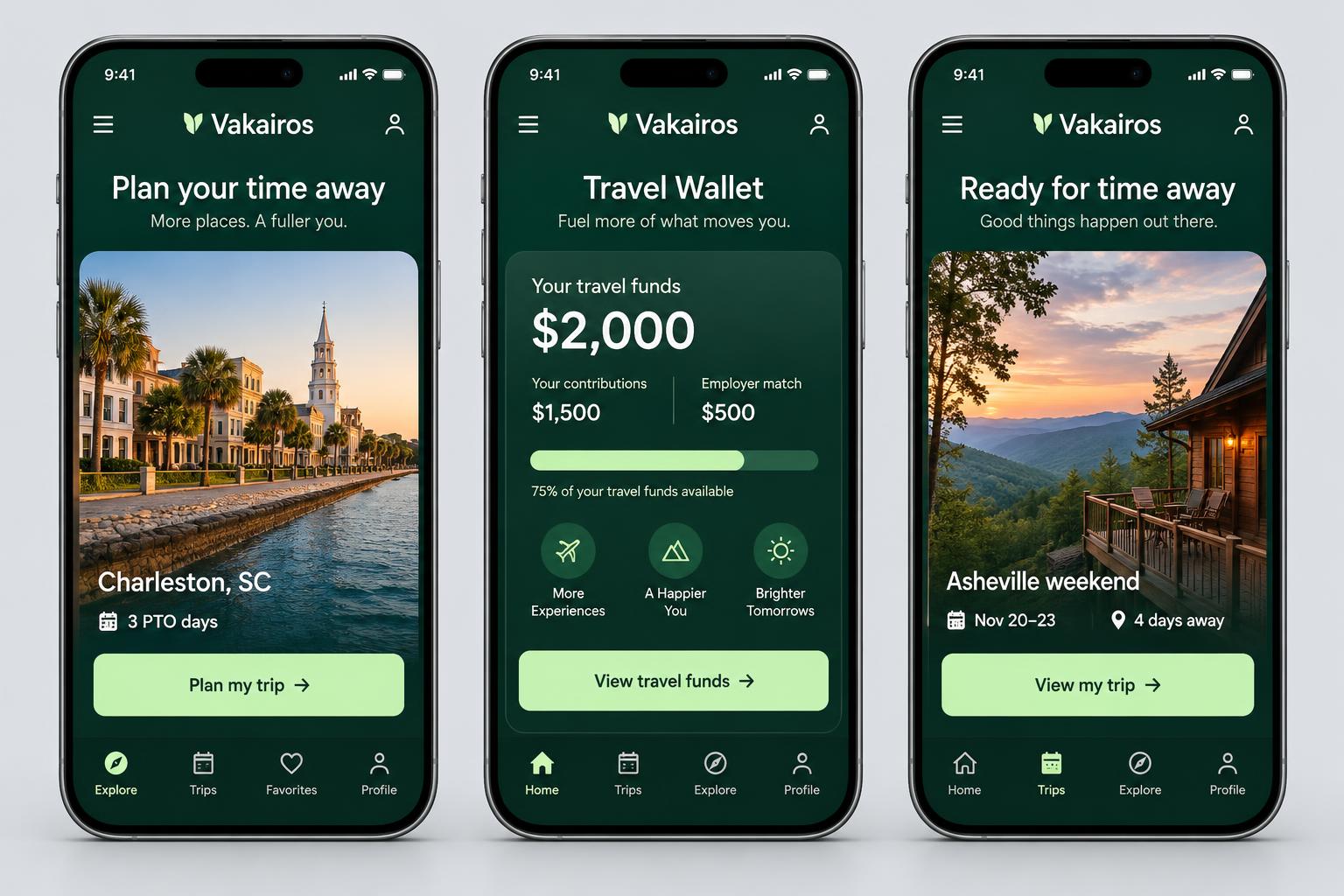 Vakairos phone previews: trip planning, Travel Wallet contributions and an upcoming Asheville trip